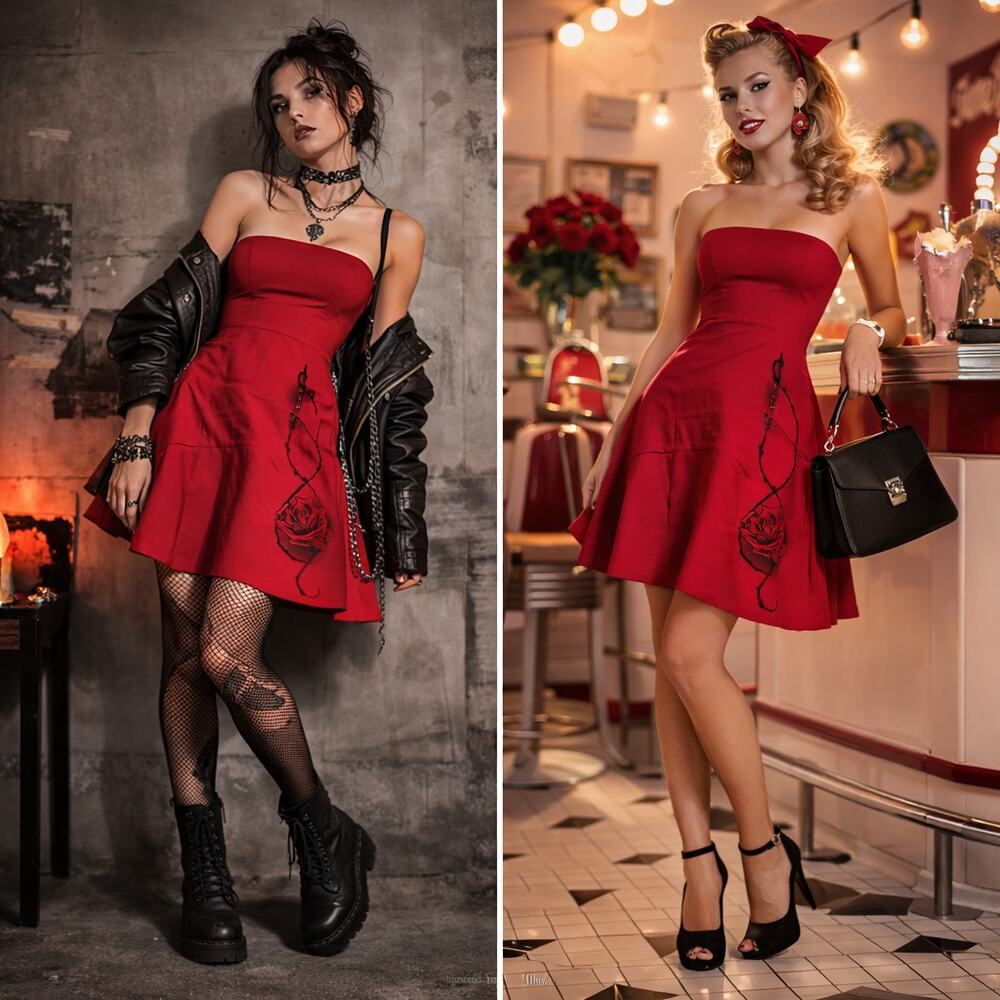 VTG Y2K Rock Steady Strapless Red Mini Dress Rose Graphic Rockabilly Alt S/M